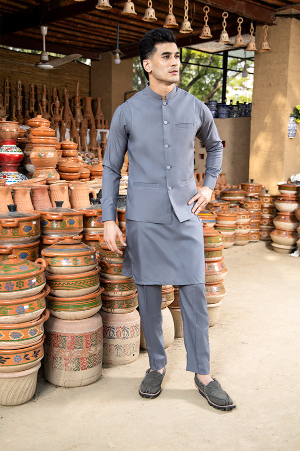 Grey Suiting Waistcoat Kurta Trouser (3-Piece) - Image 1