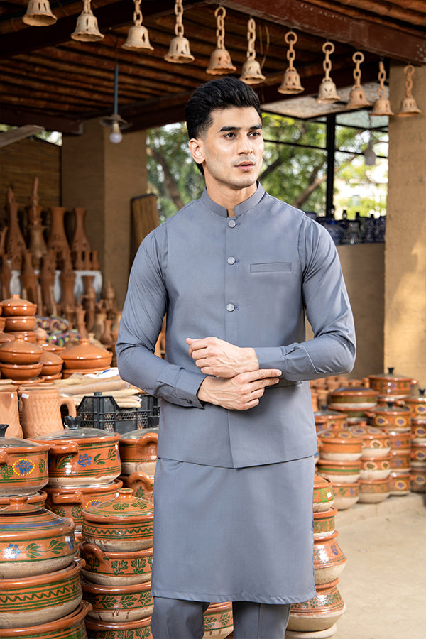 Grey Suiting Waistcoat Kurta Trouser (3-Piece) - Image 4