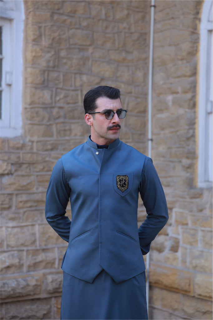 Grey Two-Tone Embroidered Suiting Waistcoat Kurta (3-Piece) - Image 1