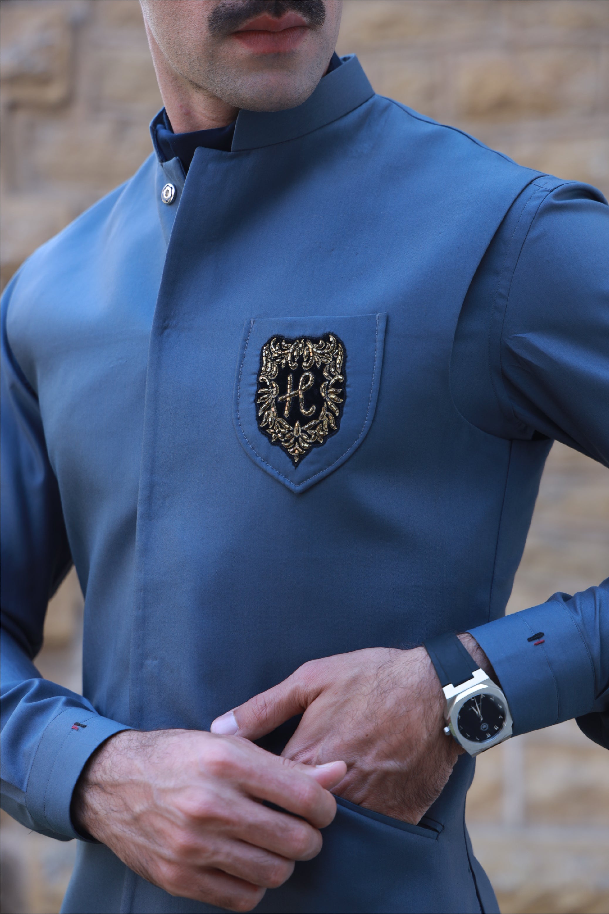 Grey Two-Tone Embroidered Suiting Waistcoat Kurta (3-Piece) - Image 3