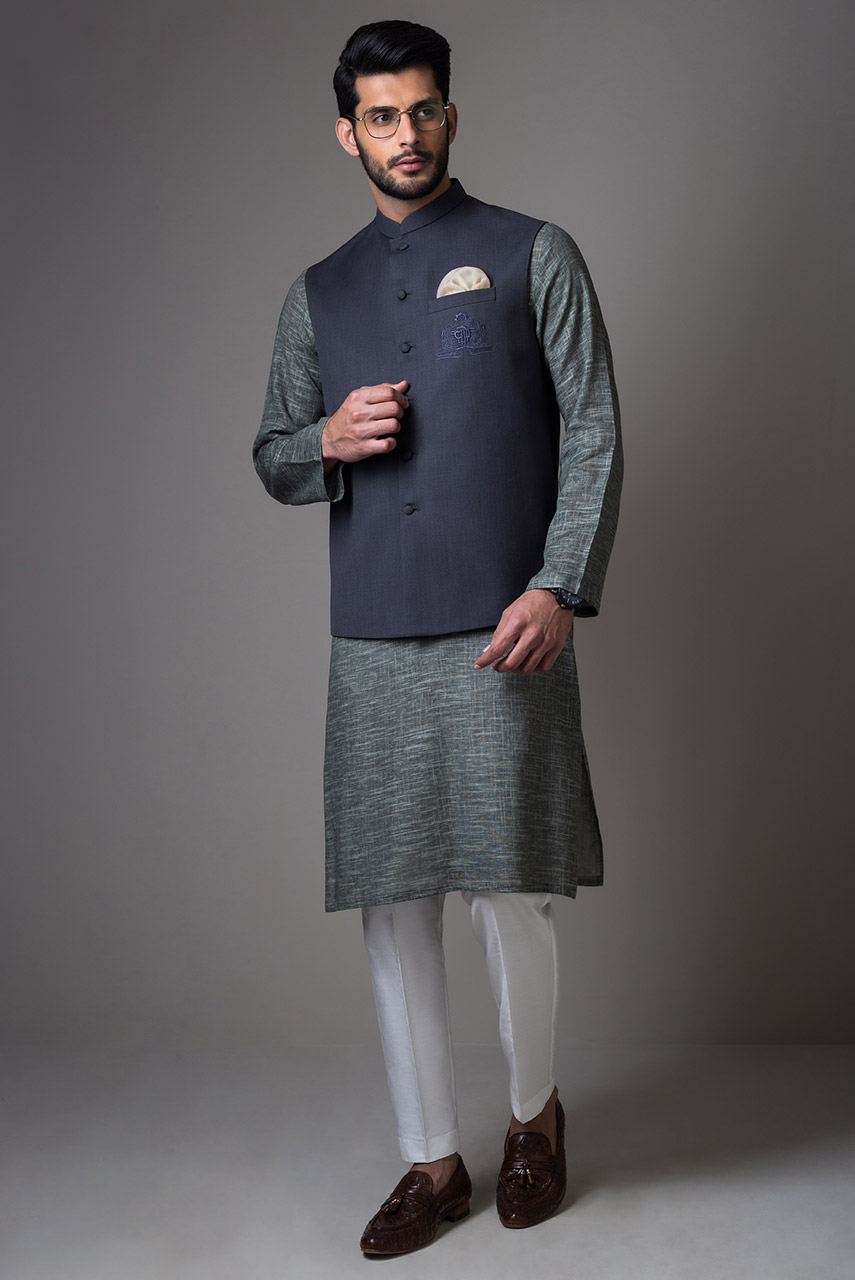 Grey Embroidered Suiting Waistcoat Kurta Set (3-Piece) - Image 1