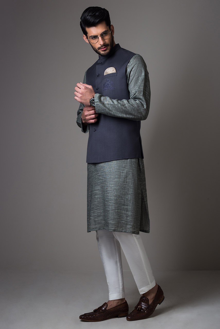 Grey Embroidered Suiting Waistcoat Kurta Set (3-Piece) - Image 2