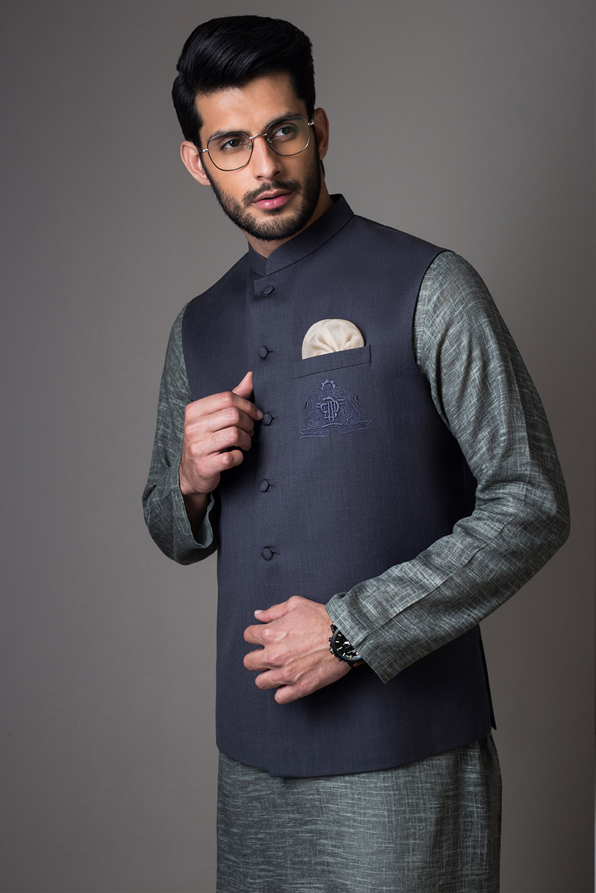 Grey Embroidered Suiting Waistcoat Kurta Set (3-Piece) - Image 3
