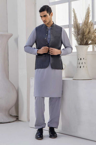 Steel Grey Textured Suiting Waistcoat (3-Piece) - Image 3