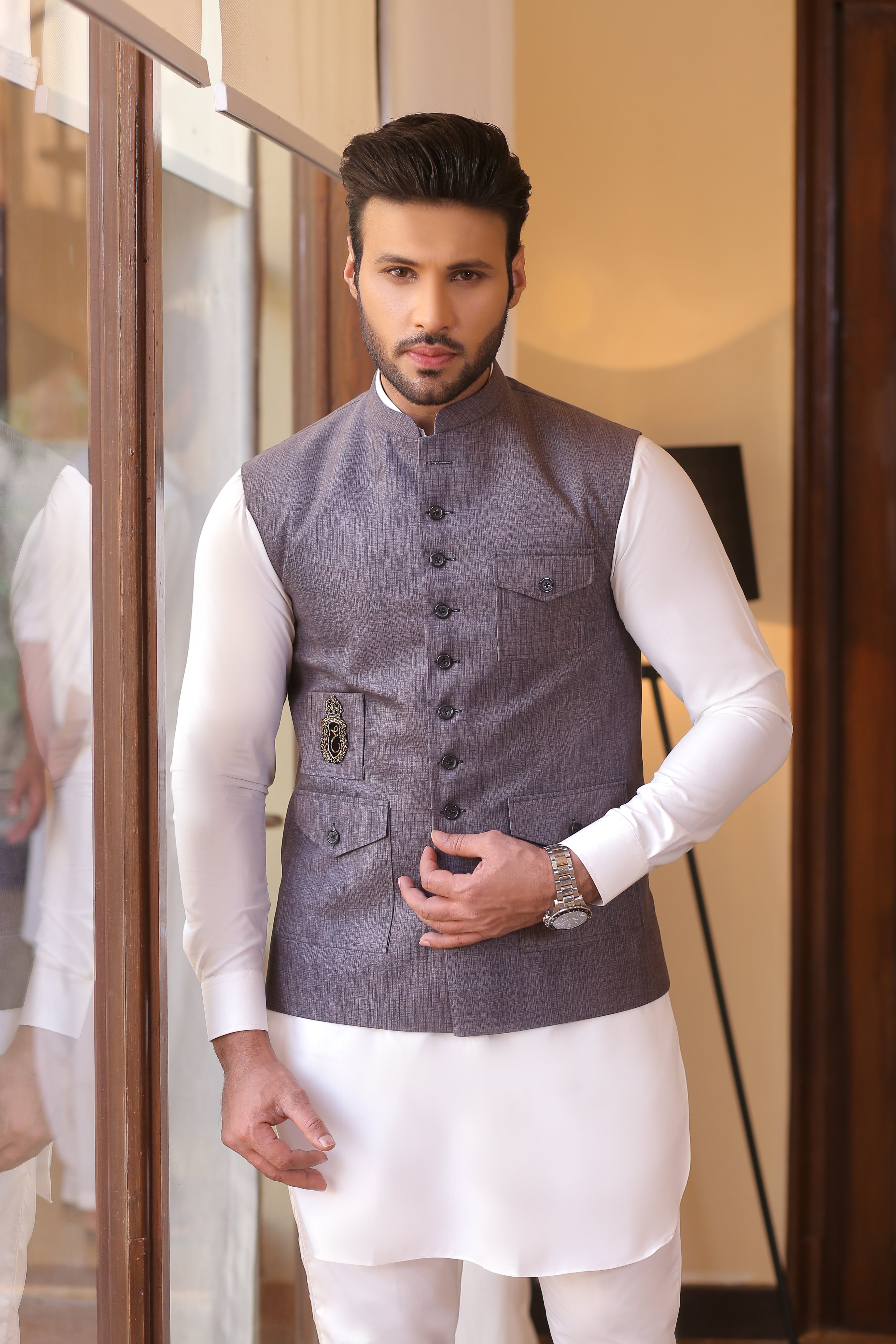 Grey Embroidered Suiting Waistcoat Kurta (3-Piece) - Image 1