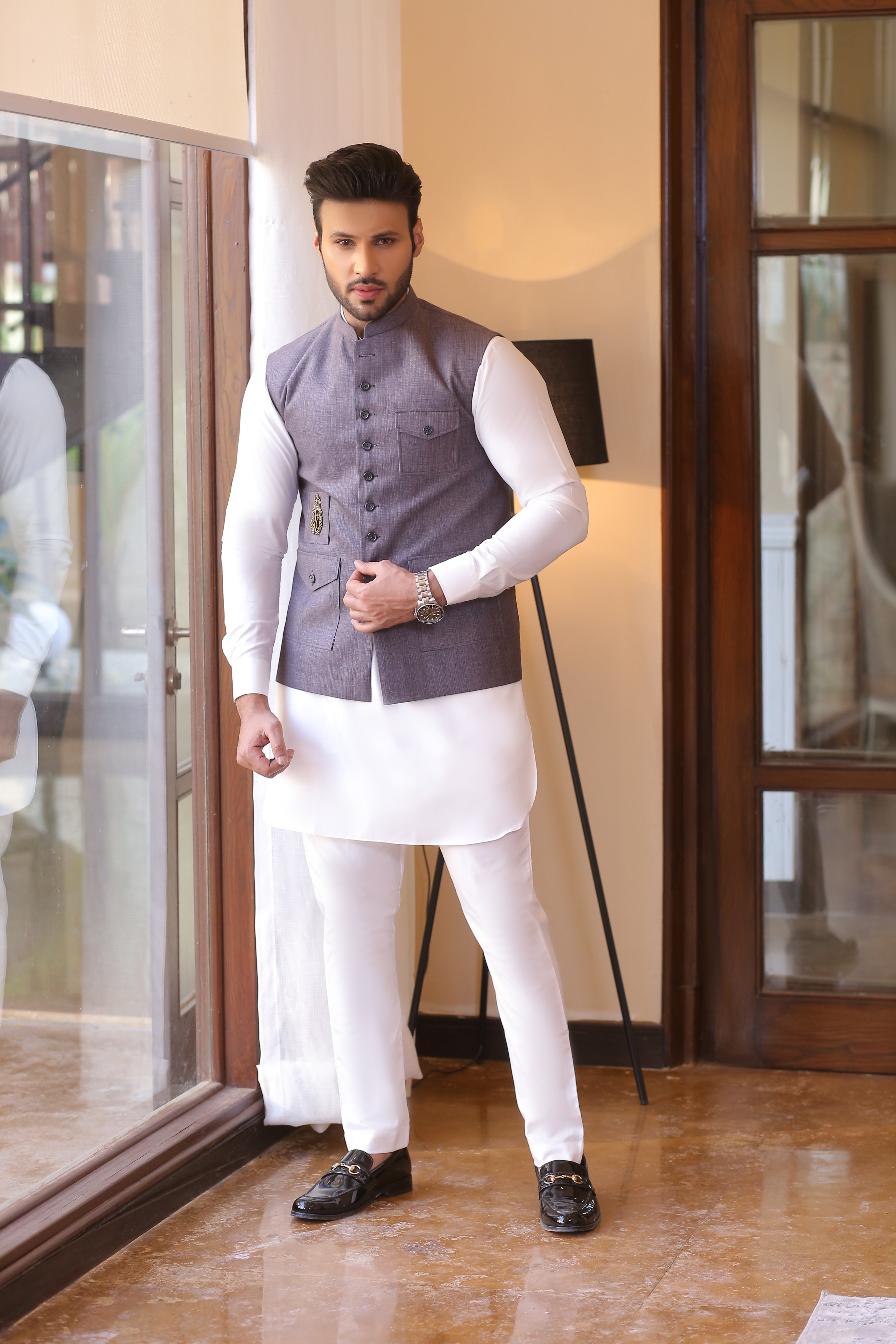 Grey Embroidered Suiting Waistcoat Kurta (3-Piece) - Image 3