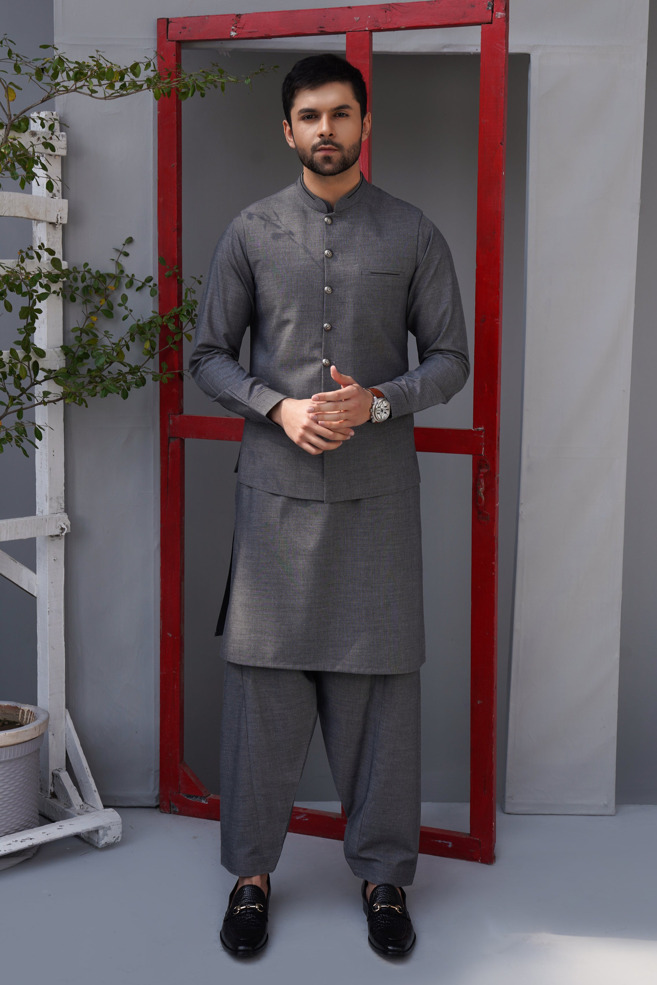 Charcoal Grey Textured Waistcoat Kurta Set (3-Piece) - Image 1