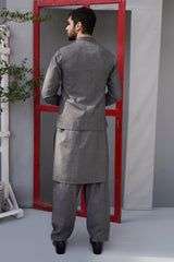 Charcoal Grey Textured Waistcoat Kurta Set (3-Piece) - Image 3
