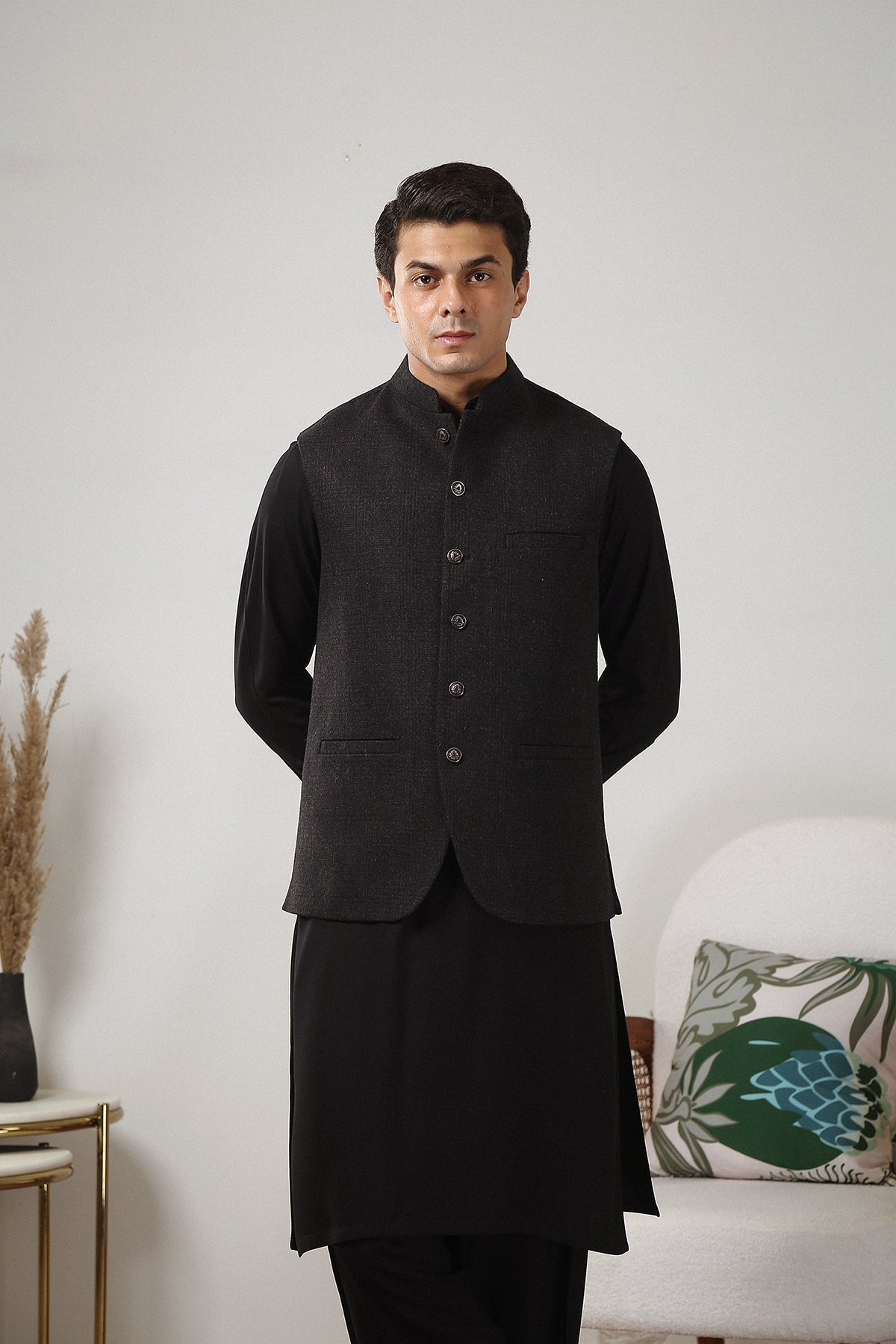 Grey Tweed Waistcoat Kurta Set (3-Piece) - Image 3