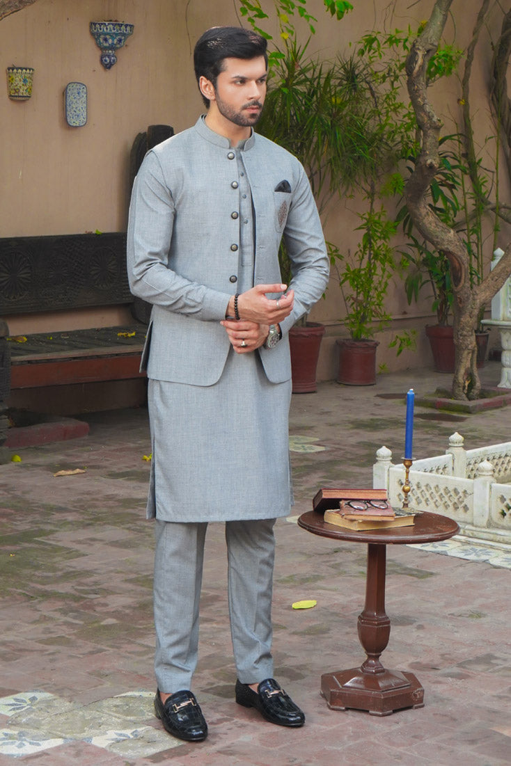 Light Grey Embroidered Wool-Blend Waistcoat Kurta (3-Piece) - Image 1