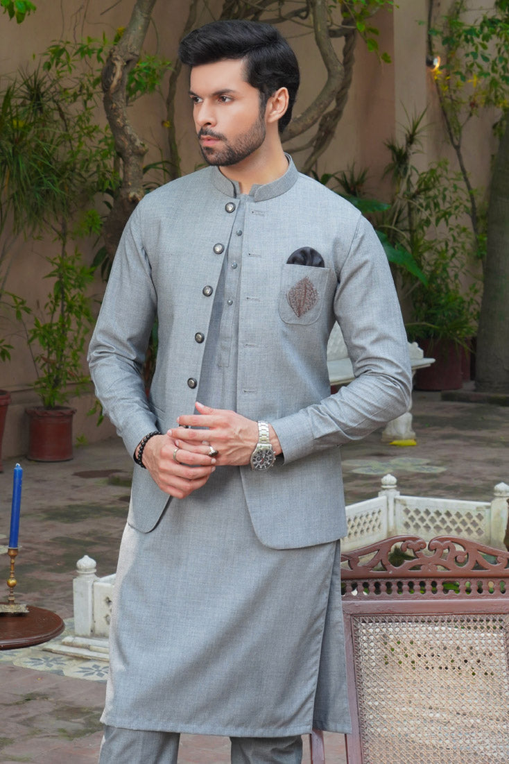 Light Grey Embroidered Wool-Blend Waistcoat Kurta (3-Piece) - Image 2