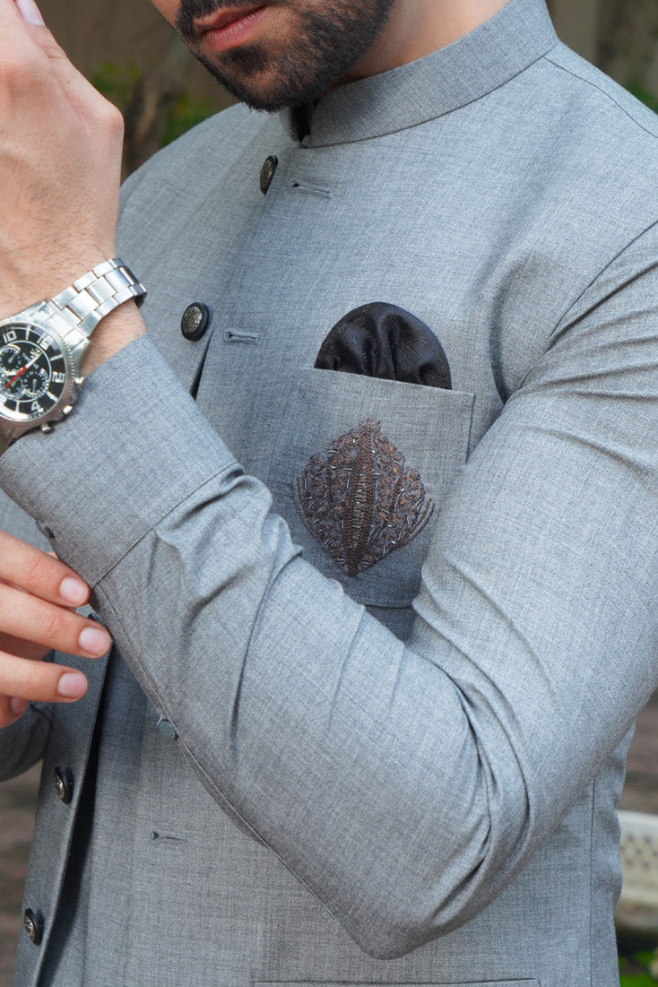 Light Grey Embroidered Wool-Blend Waistcoat Kurta (3-Piece) - Image 3