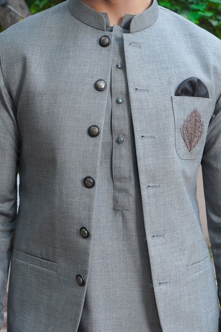 Light Grey Embroidered Wool-Blend Waistcoat Kurta (3-Piece) - Image 5