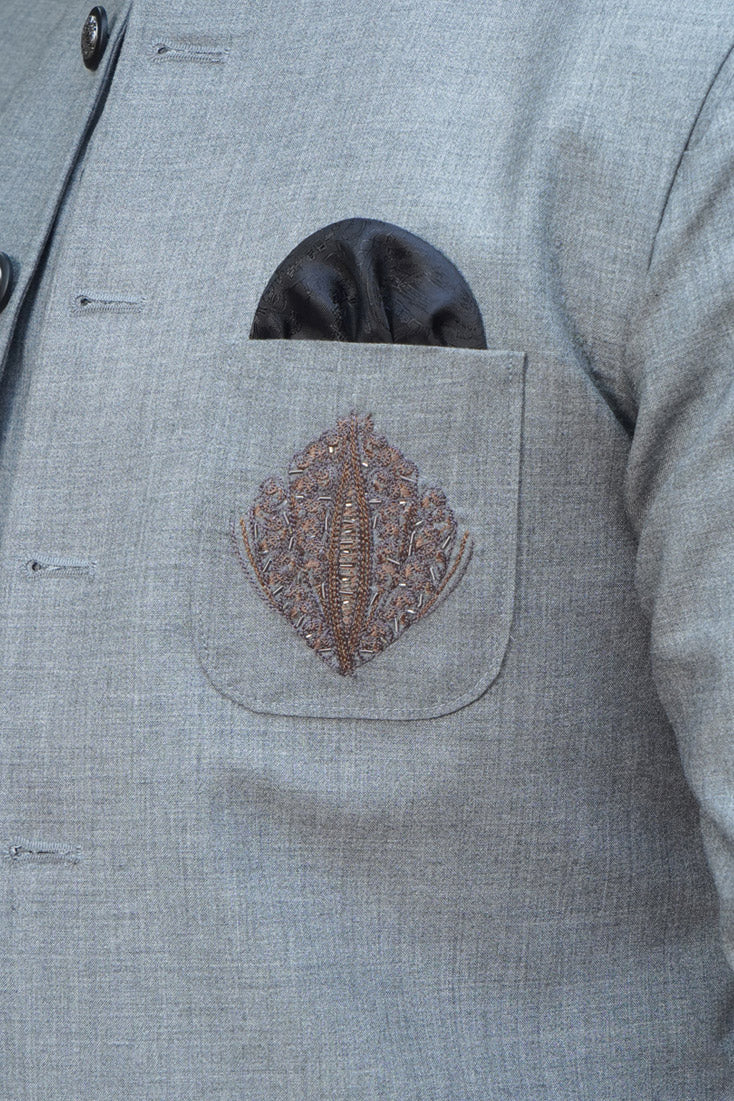 Light Grey Embroidered Wool-Blend Waistcoat Kurta (3-Piece) - Image 6