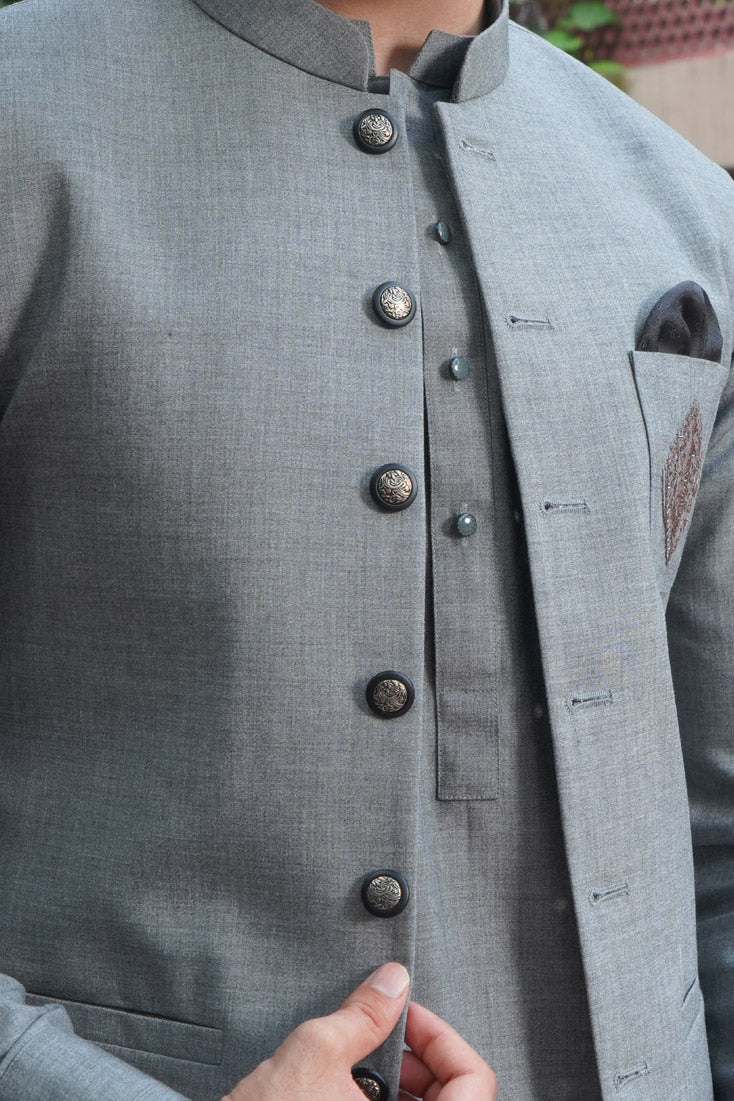 Light Grey Embroidered Wool-Blend Waistcoat Kurta (3-Piece) - Image 7