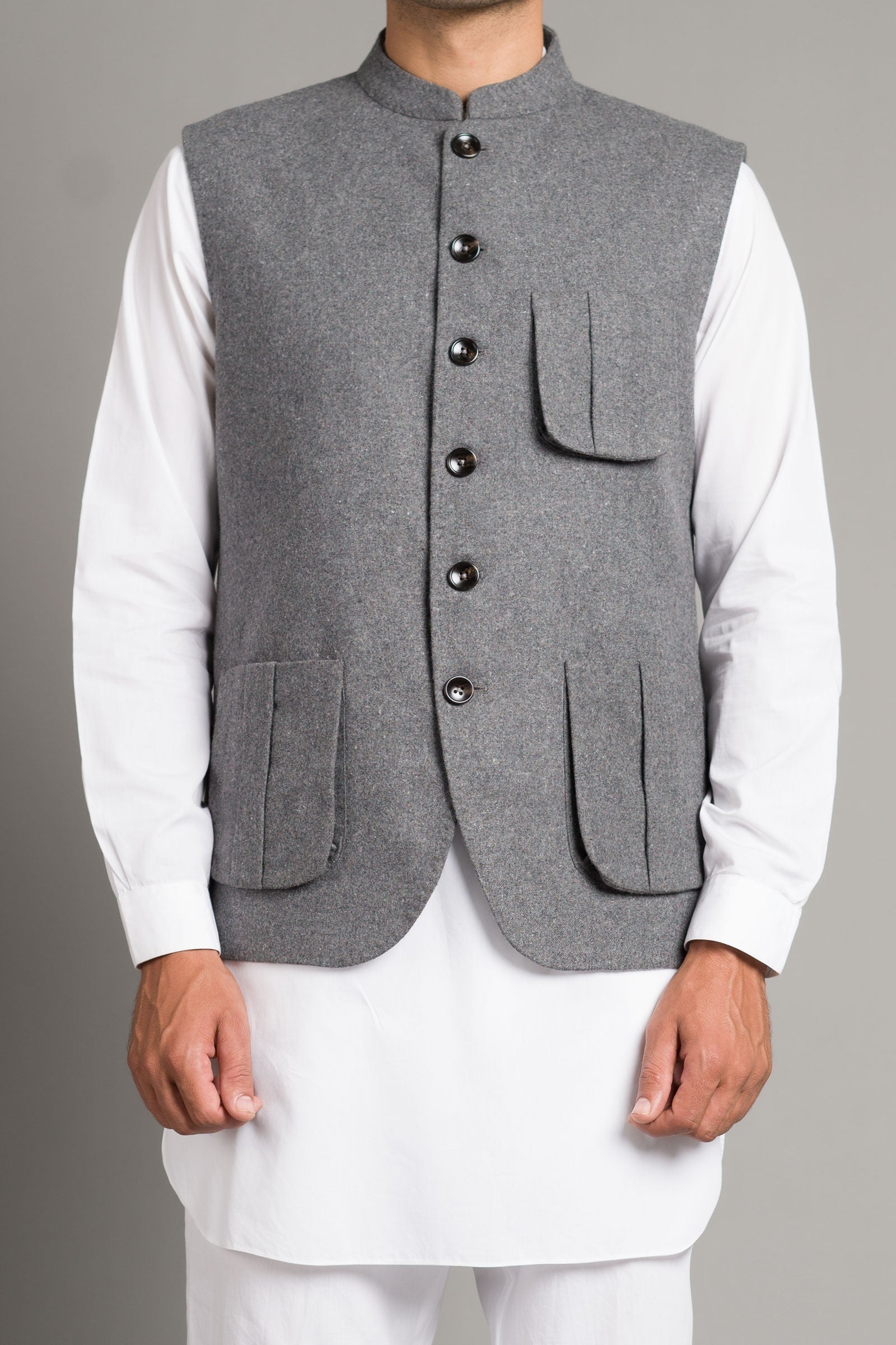 Grey Wool Waistcoat with Mandarin Collar (3-Piece) - Image 1