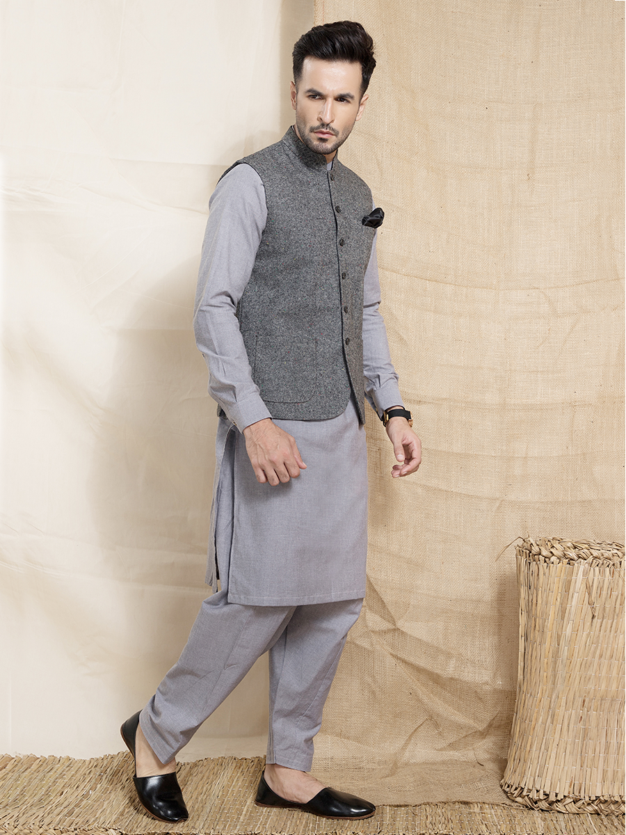 Light Grey Wool Waistcoat Kurta Set (3-Piece) - Image 1