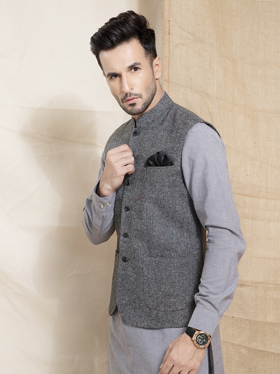 Light Grey Wool Waistcoat Kurta Set (3-Piece) - Image 2