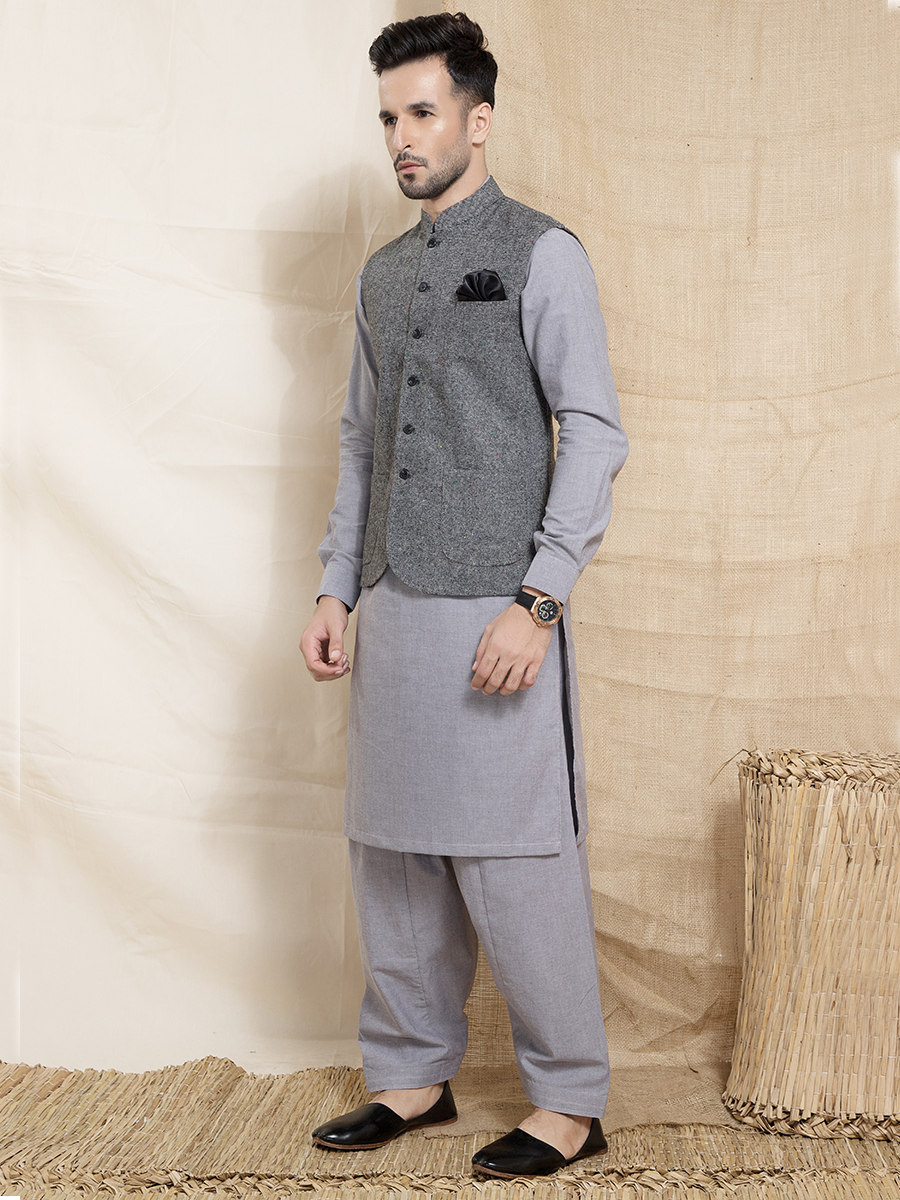 Light Grey Wool Waistcoat Kurta Set (3-Piece) - Image 3