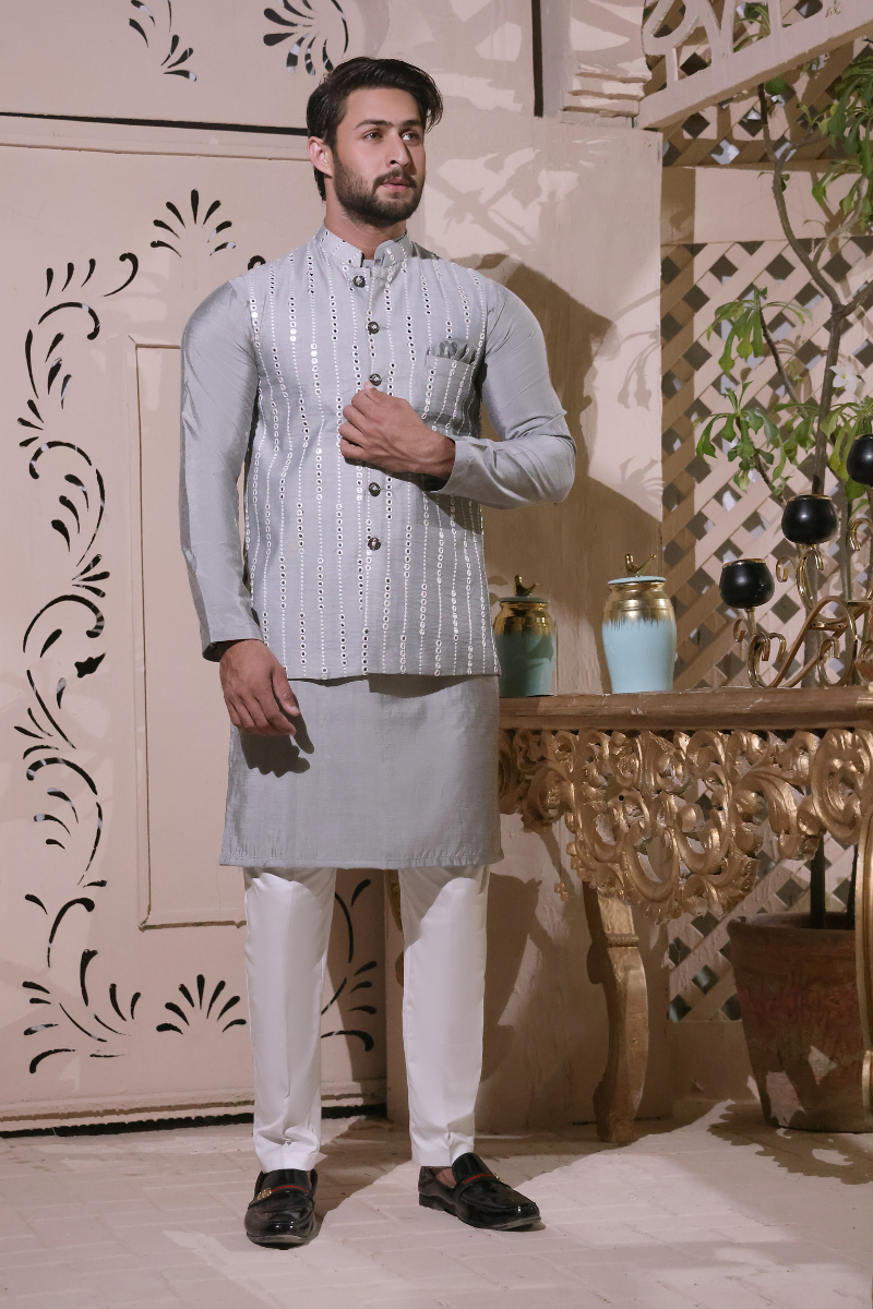 Grey Embroidered Wool-Viscose Waistcoat Kurta (3-Piece) - Image 1