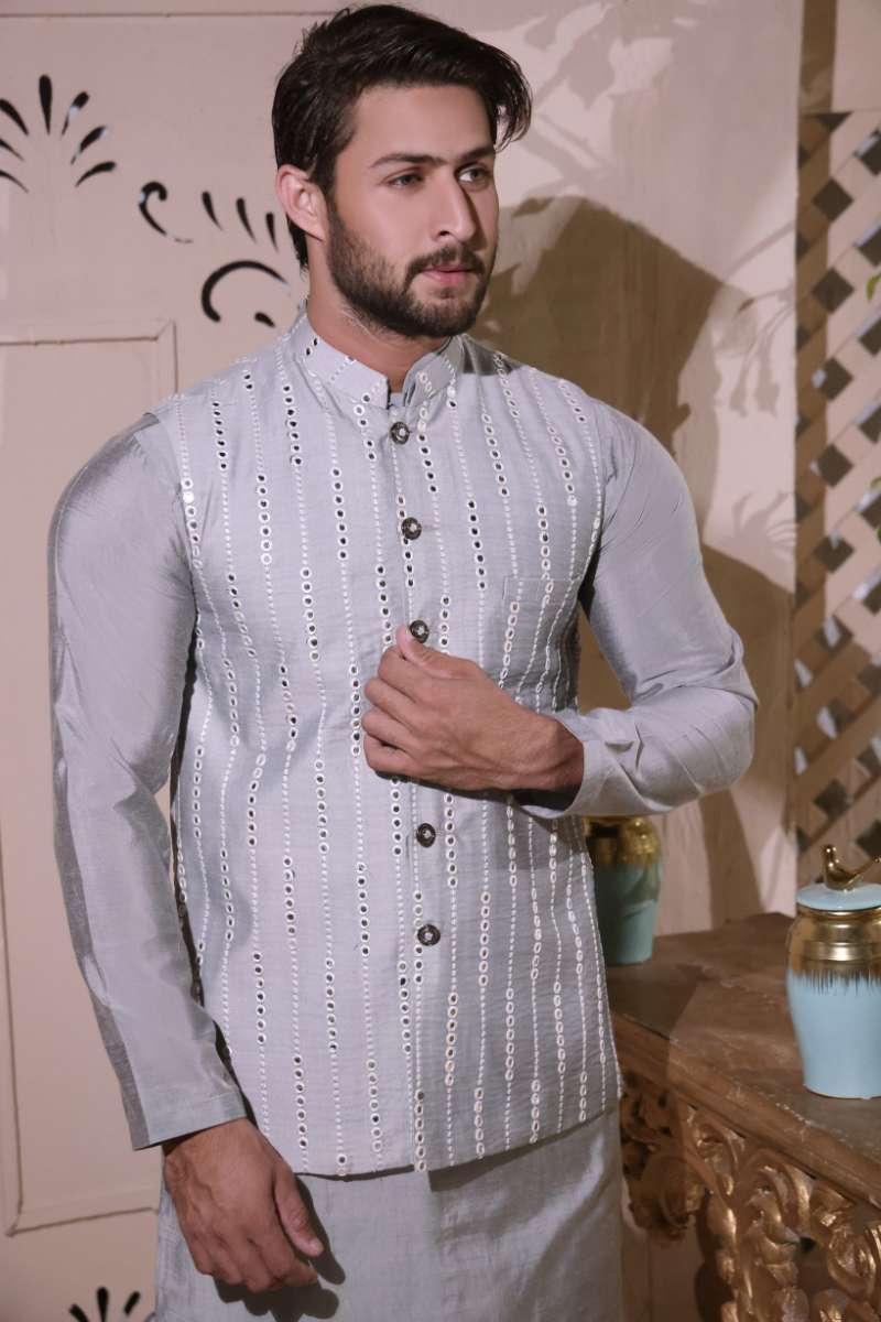 Grey Embroidered Wool-Viscose Waistcoat Kurta (3-Piece) - Image 3