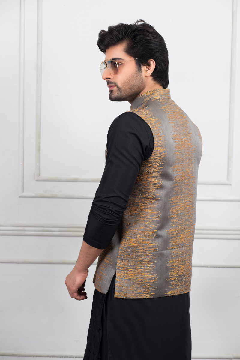 Grey Self-Embroidered Waistcoat Kurta Set (3-Piece) - Image 3