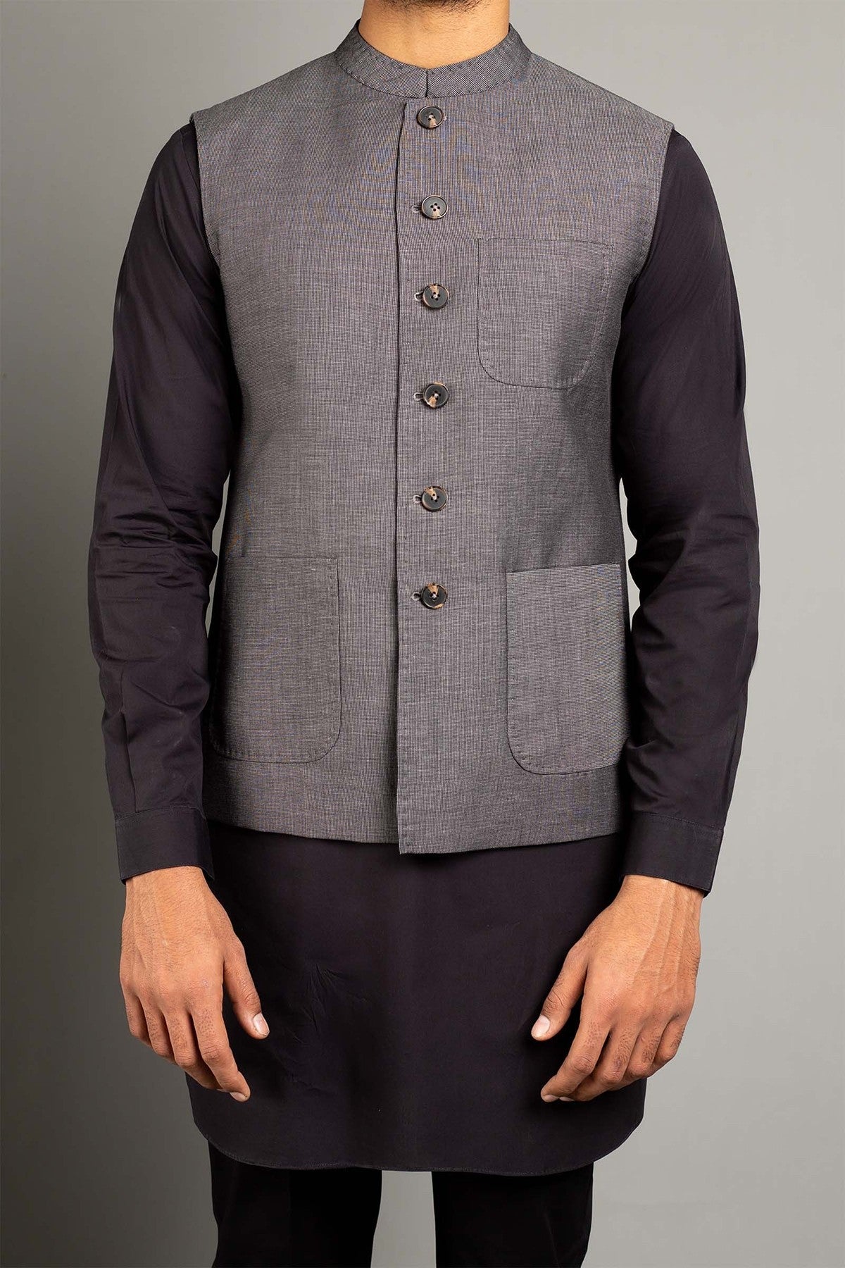 Grey Yarn-Dyed Waistcoat Kurta Set (3-Piece) - Image 1