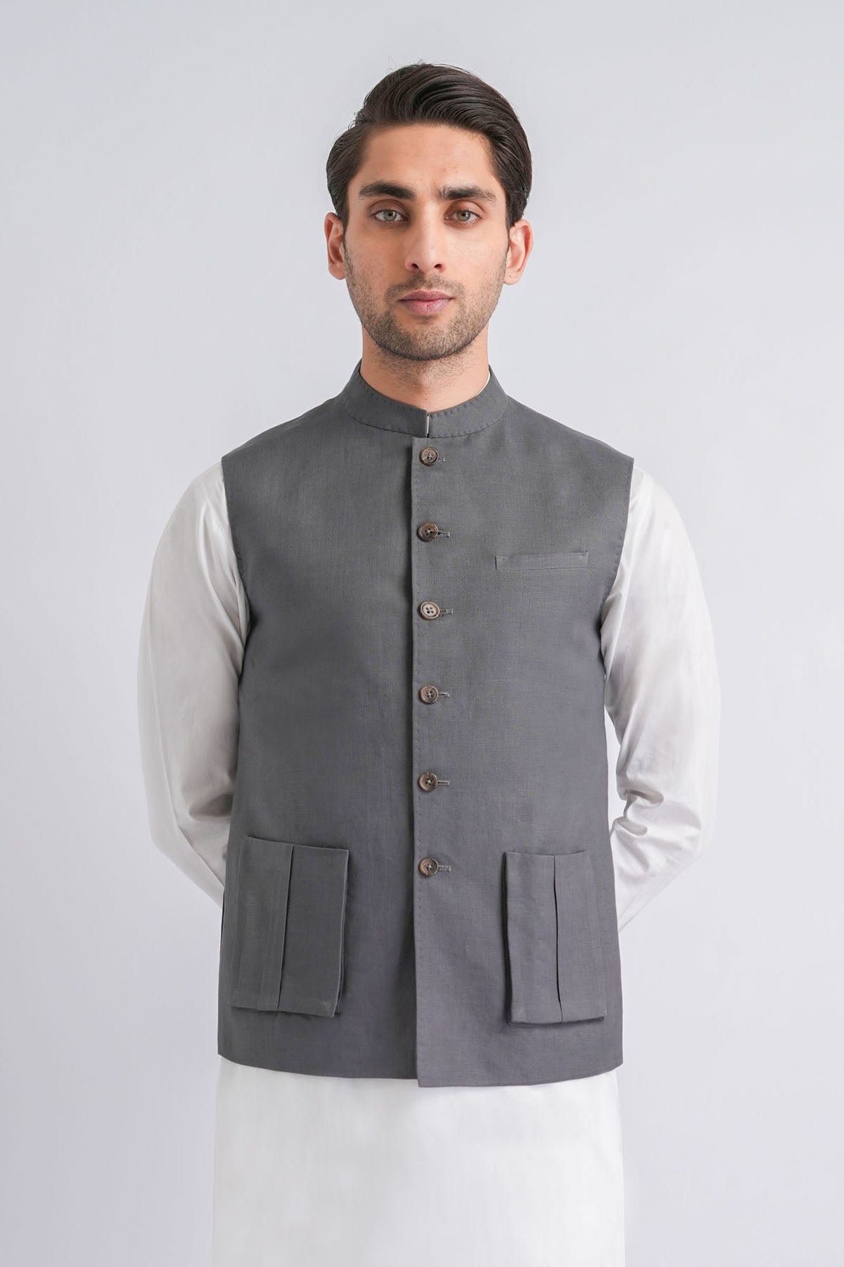 Grey Irish Linen Waistcoat with Mandarin Collar (1-Pc) - Image 1