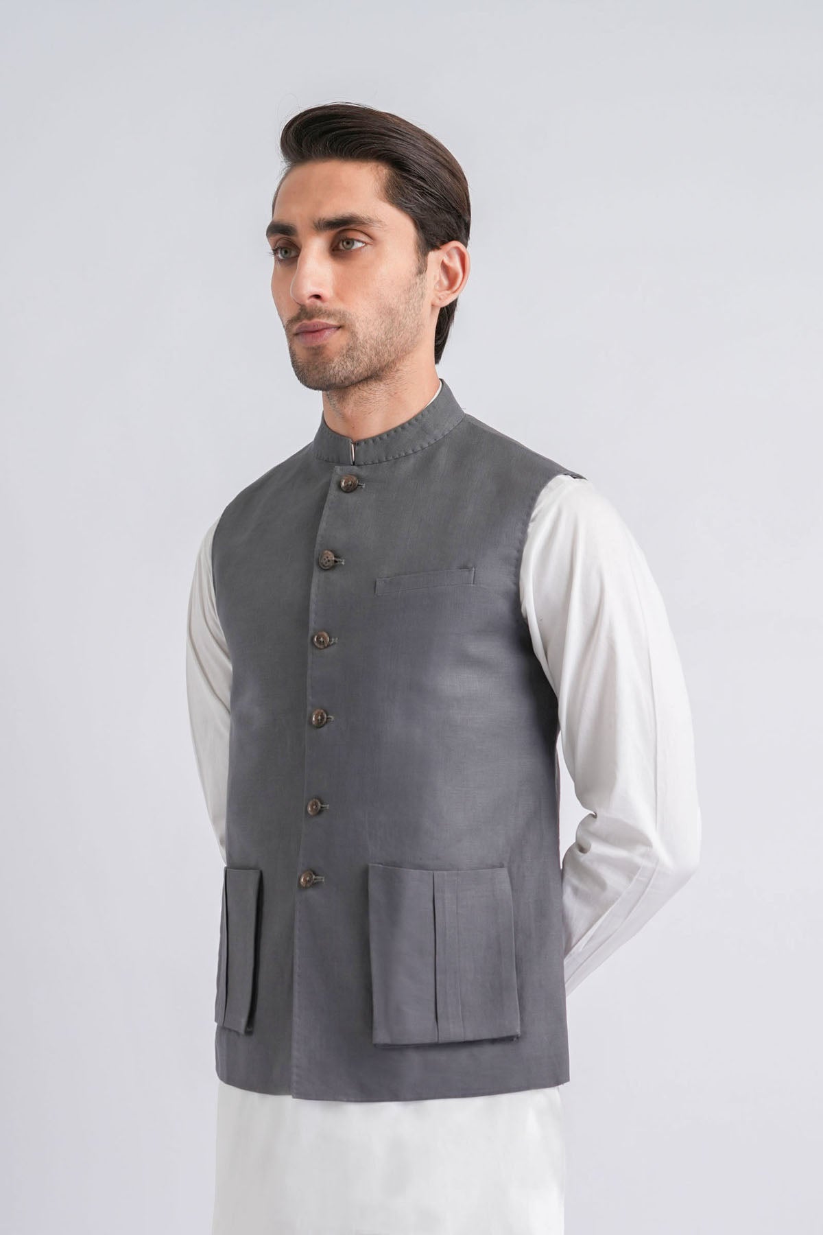 Grey Irish Linen Waistcoat with Mandarin Collar (1-Pc) - Image 3