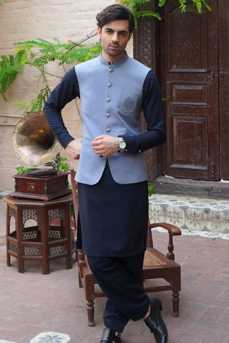 Indigo Grey Embroidered Poly Viscose Waistcoat (1-Pc) - Image 1