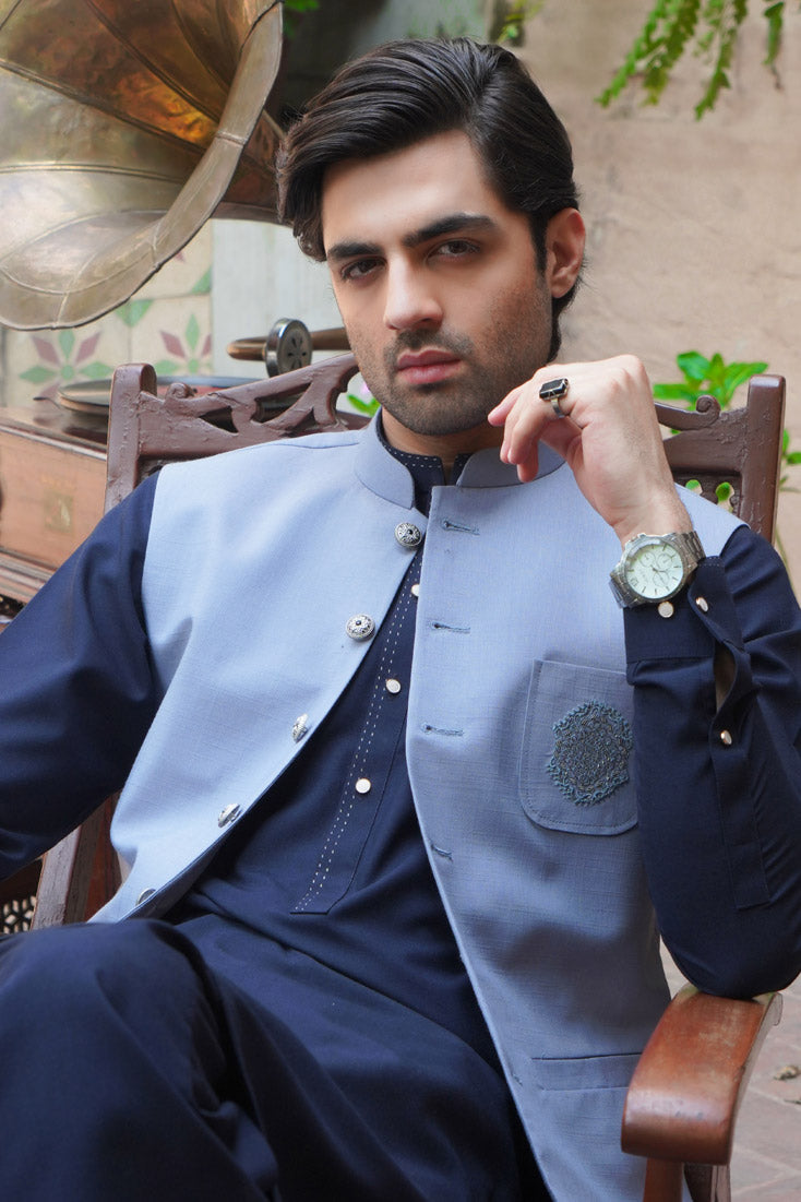 Indigo Grey Embroidered Poly Viscose Waistcoat (1-Pc) - Image 2