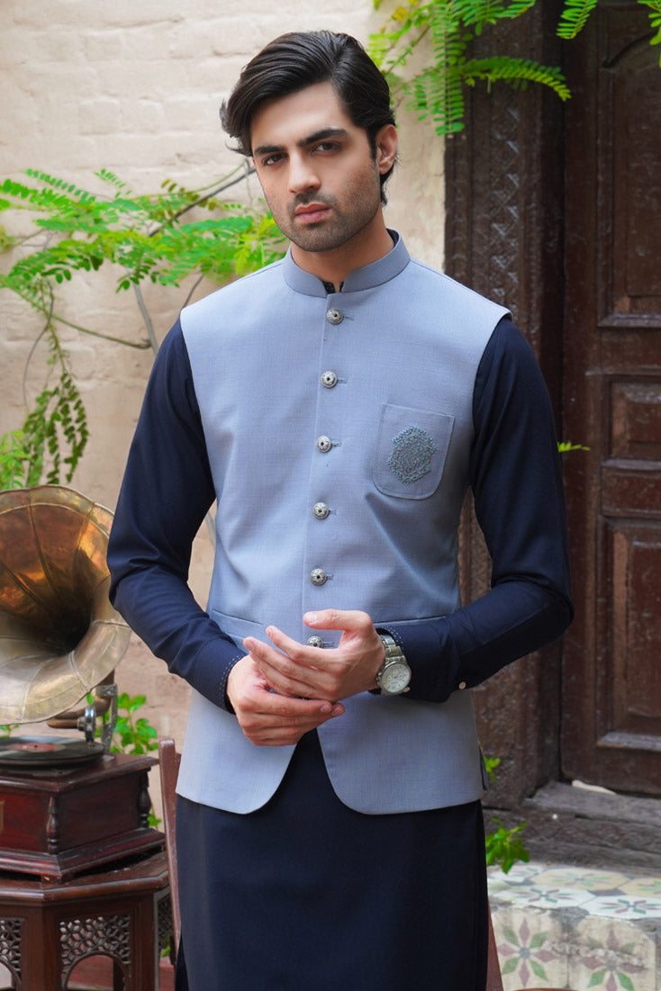 Indigo Grey Embroidered Poly Viscose Waistcoat (1-Pc) - Image 3