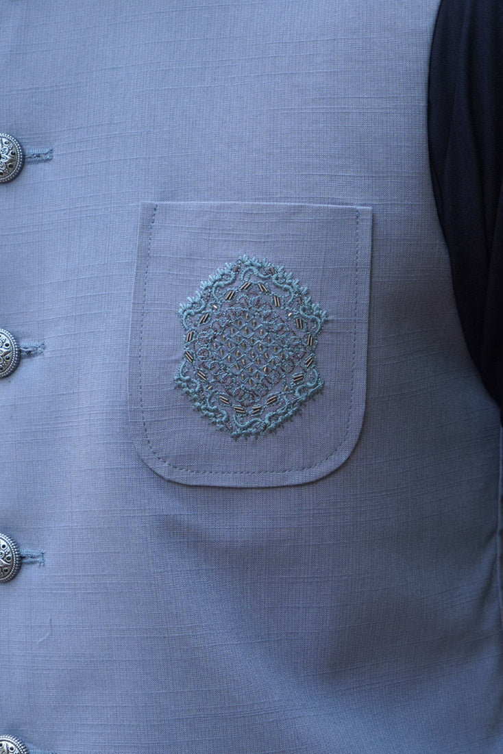 Indigo Grey Embroidered Poly Viscose Waistcoat (1-Pc) - Image 4