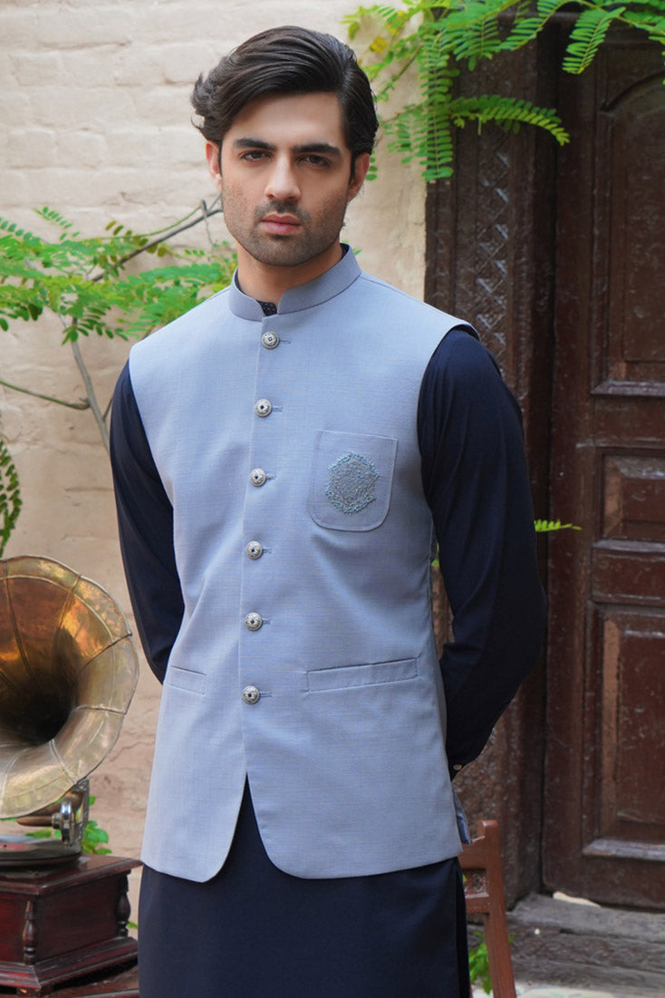 Indigo Grey Embroidered Poly Viscose Waistcoat (1-Pc) - Image 5