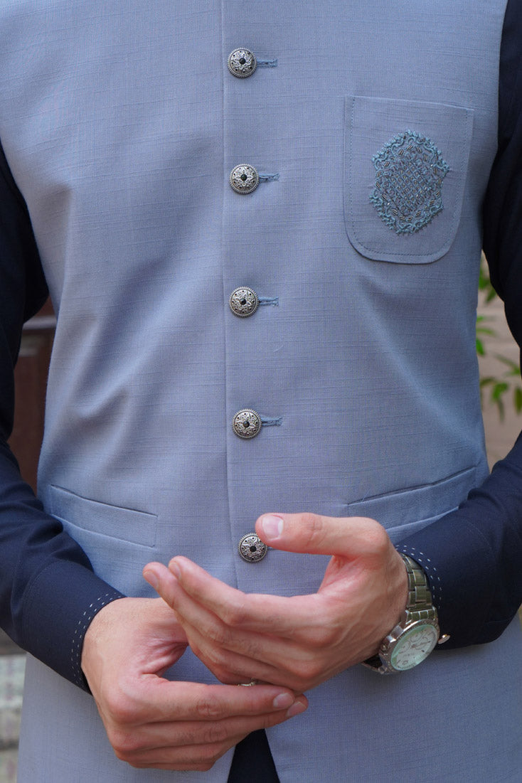 Indigo Grey Embroidered Poly Viscose Waistcoat (1-Pc) - Image 6