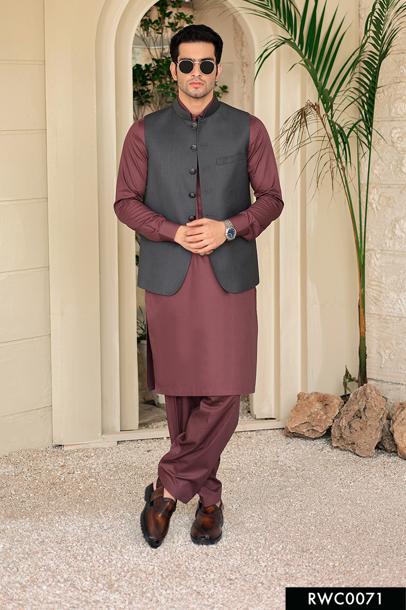Charcoal Grey Hemstitched Suiting Awami Waistcoat (3-Piece) - Image 1