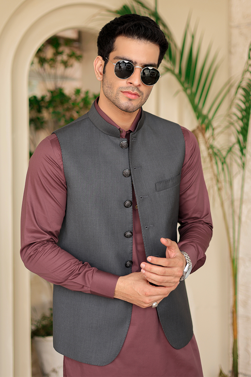 Charcoal Grey Hemstitched Suiting Awami Waistcoat (3-Piece) - Image 3