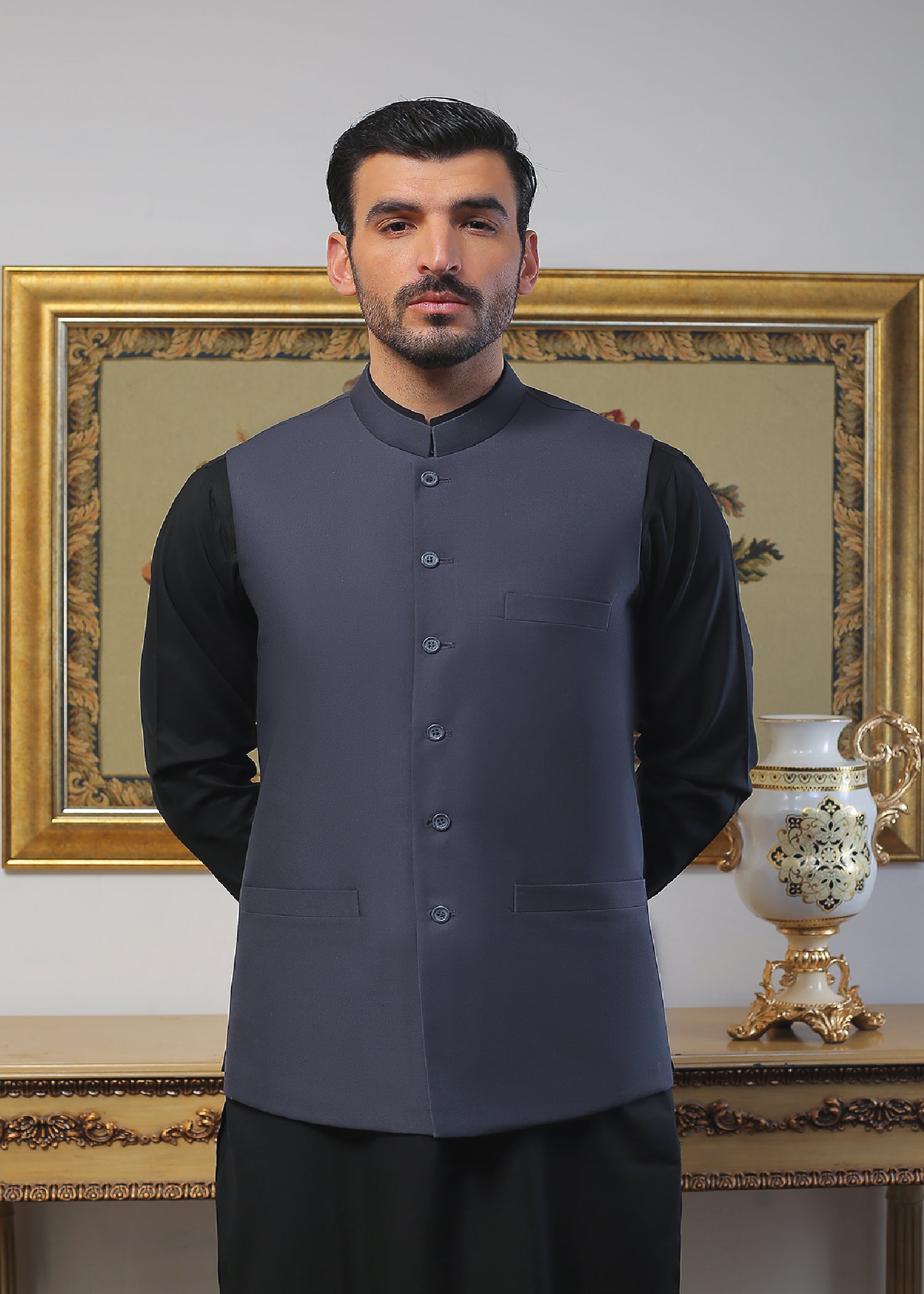 Dark Grey Tropical Fabric Waistcoat (1-Pc) - Image 2