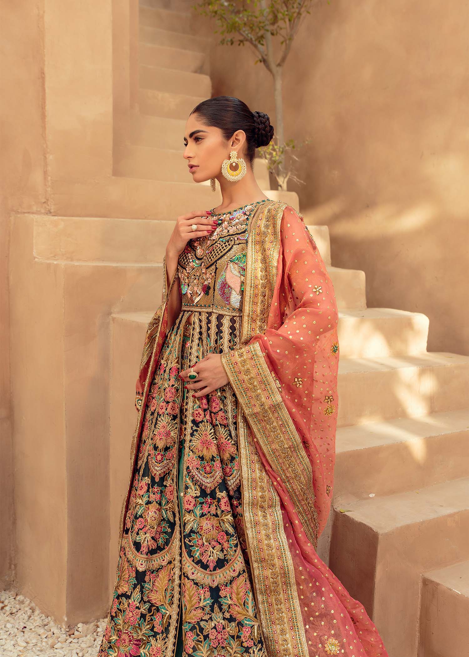 Indigo Multicolour Embroidered Silk-Blend Bridal Lehenga (3-Piece) - Image 2