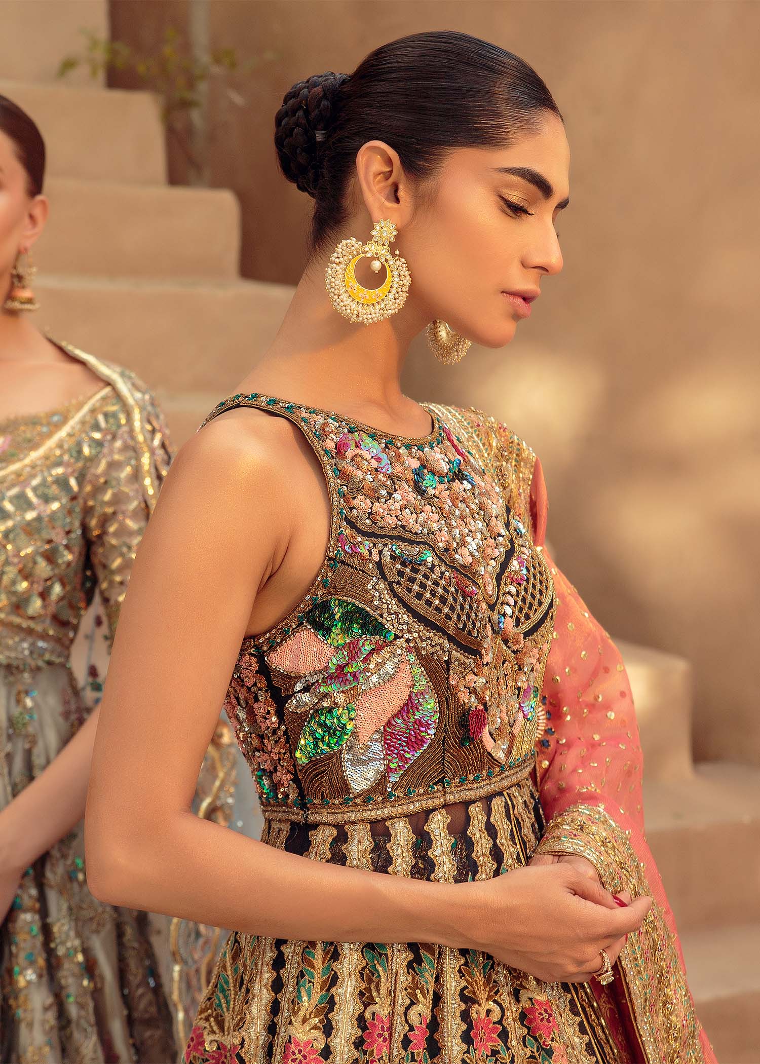 Indigo Multicolour Embroidered Silk-Blend Bridal Lehenga (3-Piece) - Image 7