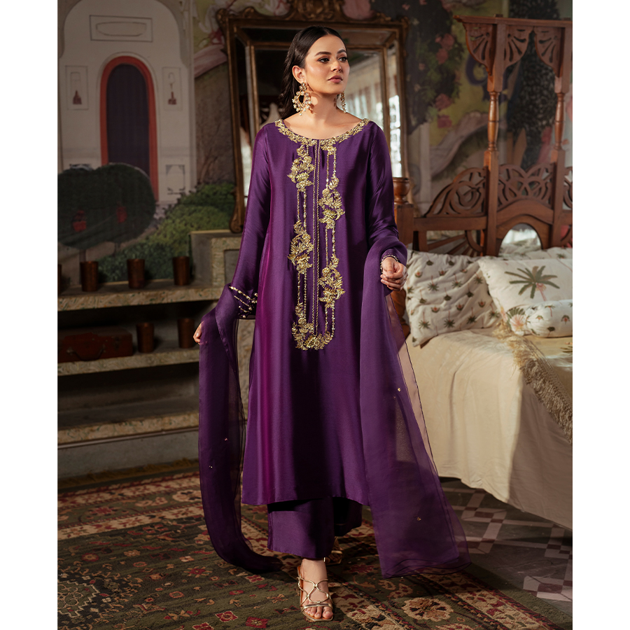 Pakistani Royal Indigo Zardozi & Kundan Silk Salwar Kameez (3-Piece) - Image 1