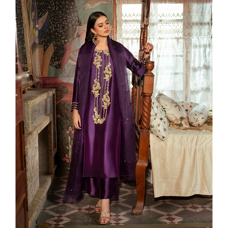 Pakistani Royal Indigo Zardozi & Kundan Silk Salwar Kameez (3-Piece) - Image 3