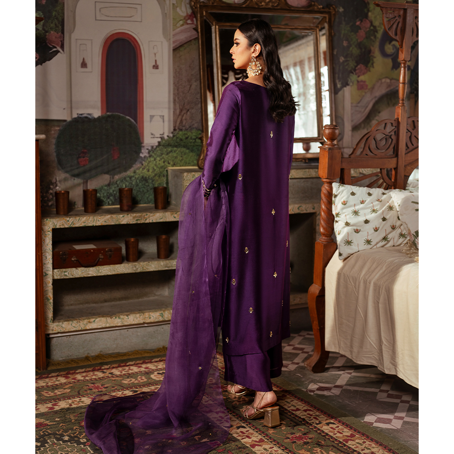 Pakistani Royal Indigo Zardozi & Kundan Silk Salwar Kameez (3-Piece) - Image 5