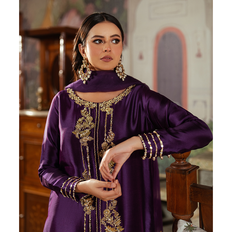 Pakistani Royal Indigo Zardozi & Kundan Silk Salwar Kameez (3-Piece) - Image 6