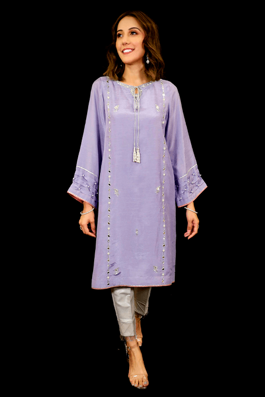 Light Indigo Silver Handworked PK Raw Silk Kurti (2-Piece) - Image 2