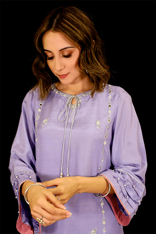 Light Indigo Silver Handworked PK Raw Silk Kurti (2-Piece) - Image 3