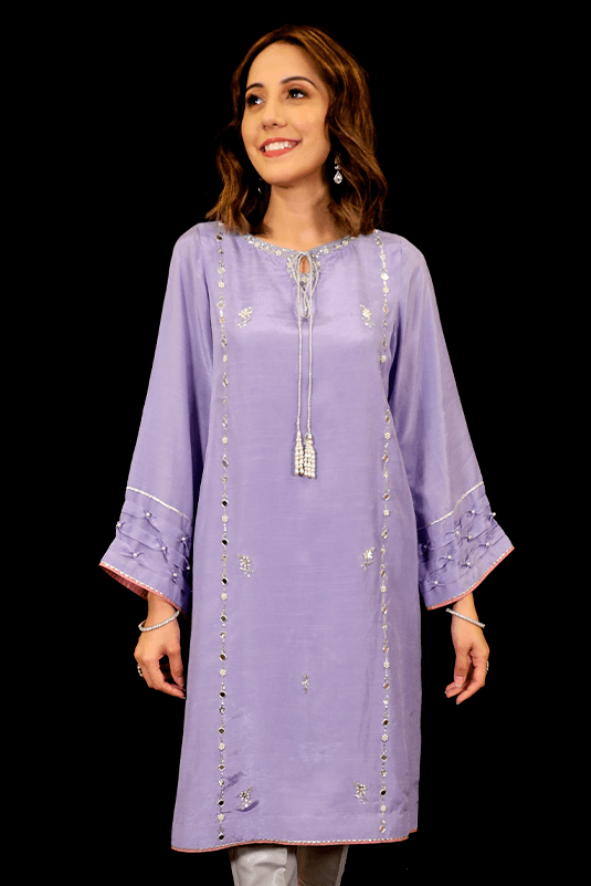 Light Indigo Silver Handworked PK Raw Silk Kurti (2-Piece) - Image 4