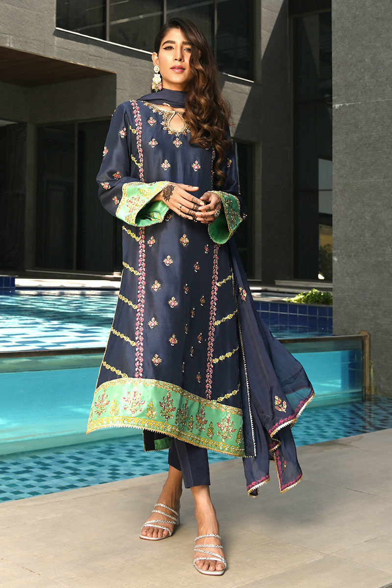 Pakistani Indigo Gota Sequin Raw Silk Salwar Kameez (3-Piece) - Image 3