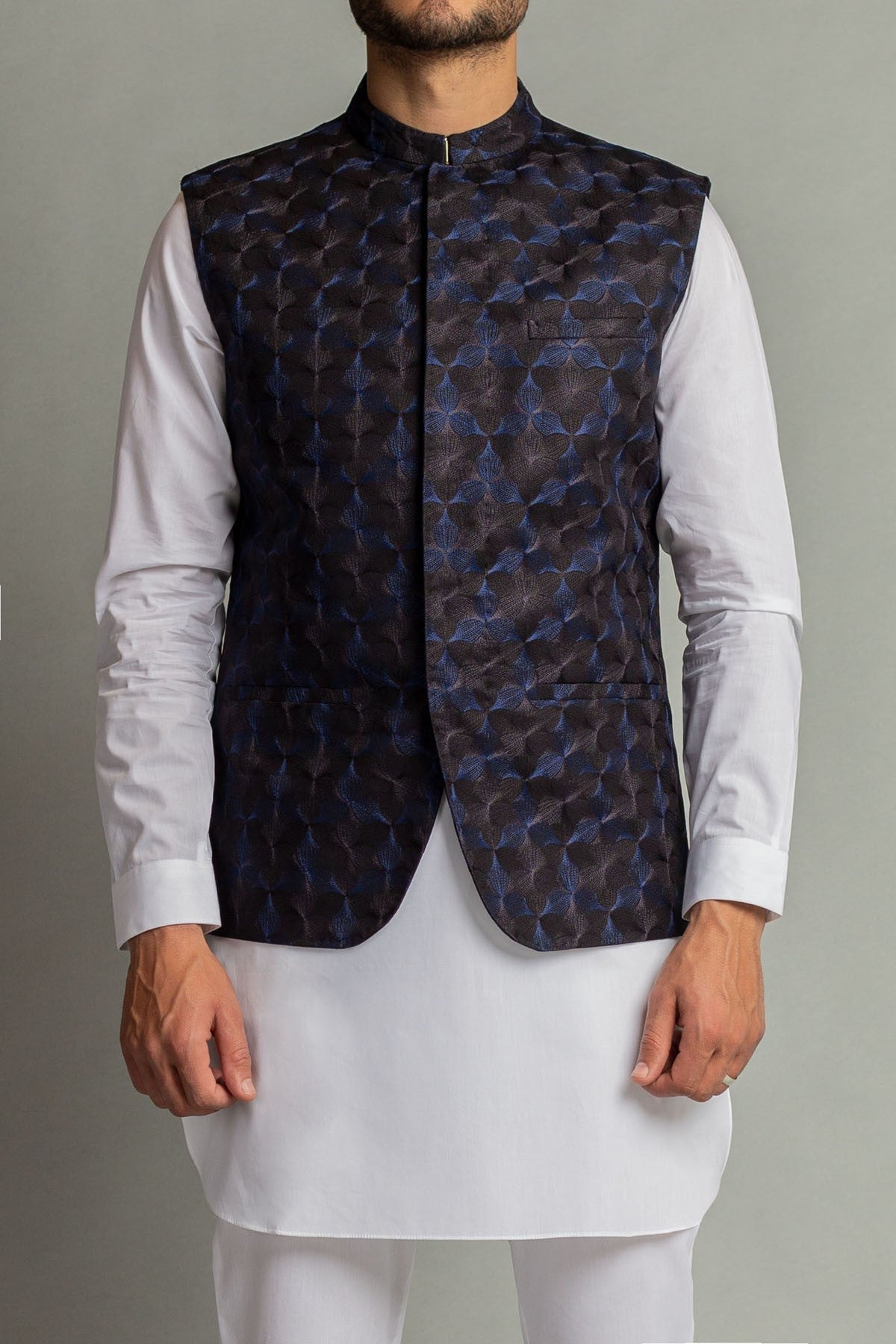 Indigo and Black Egyptian Cotton Waistcoat Kurta (3-Piece) - Image 1