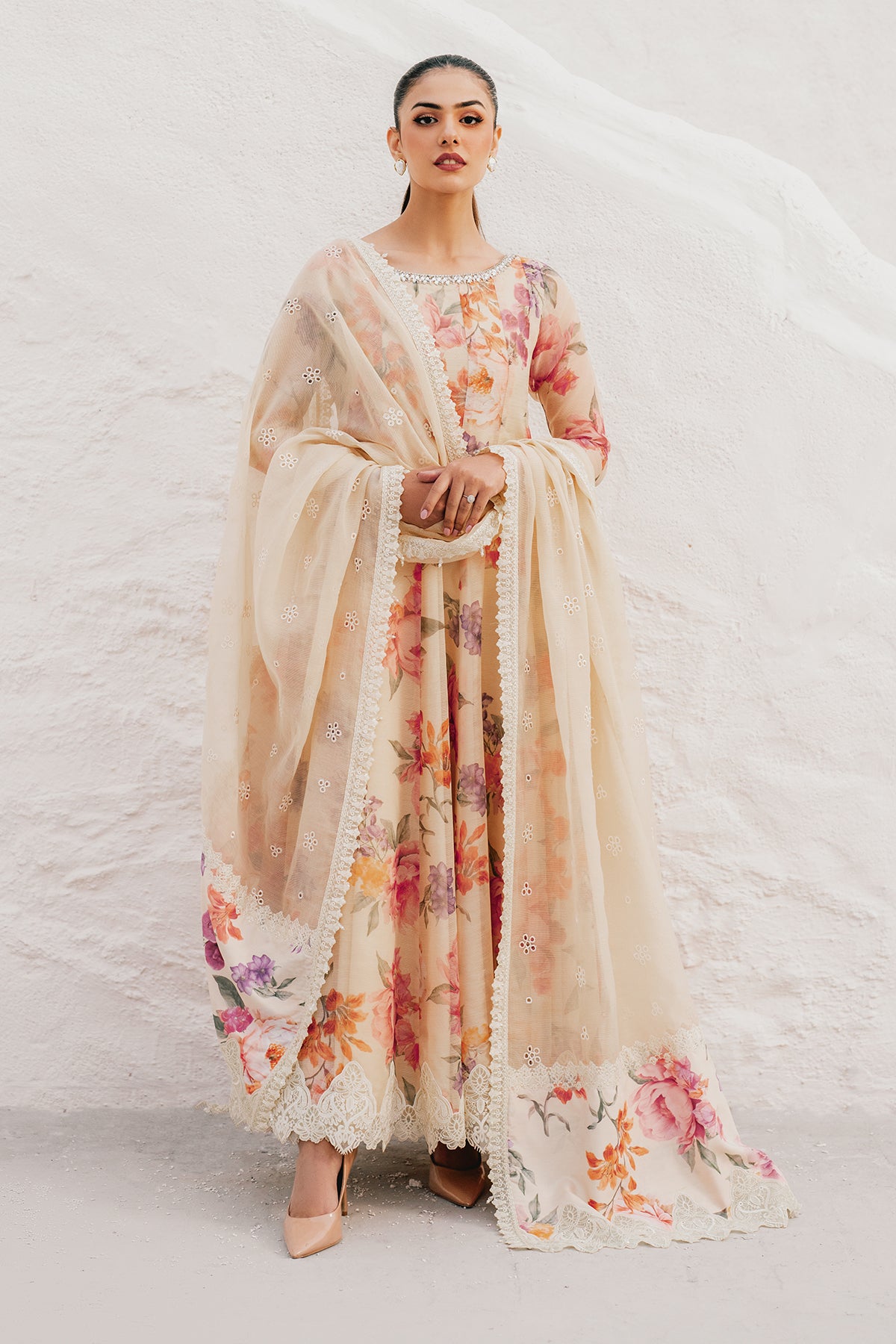 Pakistani Ivory Floral Embroidered Cotton Patti Anarkali (3-Piece) - Image 1